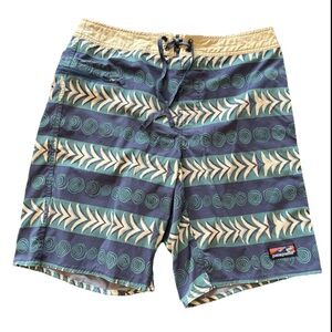 Patagonia Men's 34 Patterned Blue & Green Board Shorts Pockets Drawstring Beach